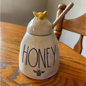 Rae Dunn, “Honey” honey jar with wooden spoon. Never used. Perfect condition!